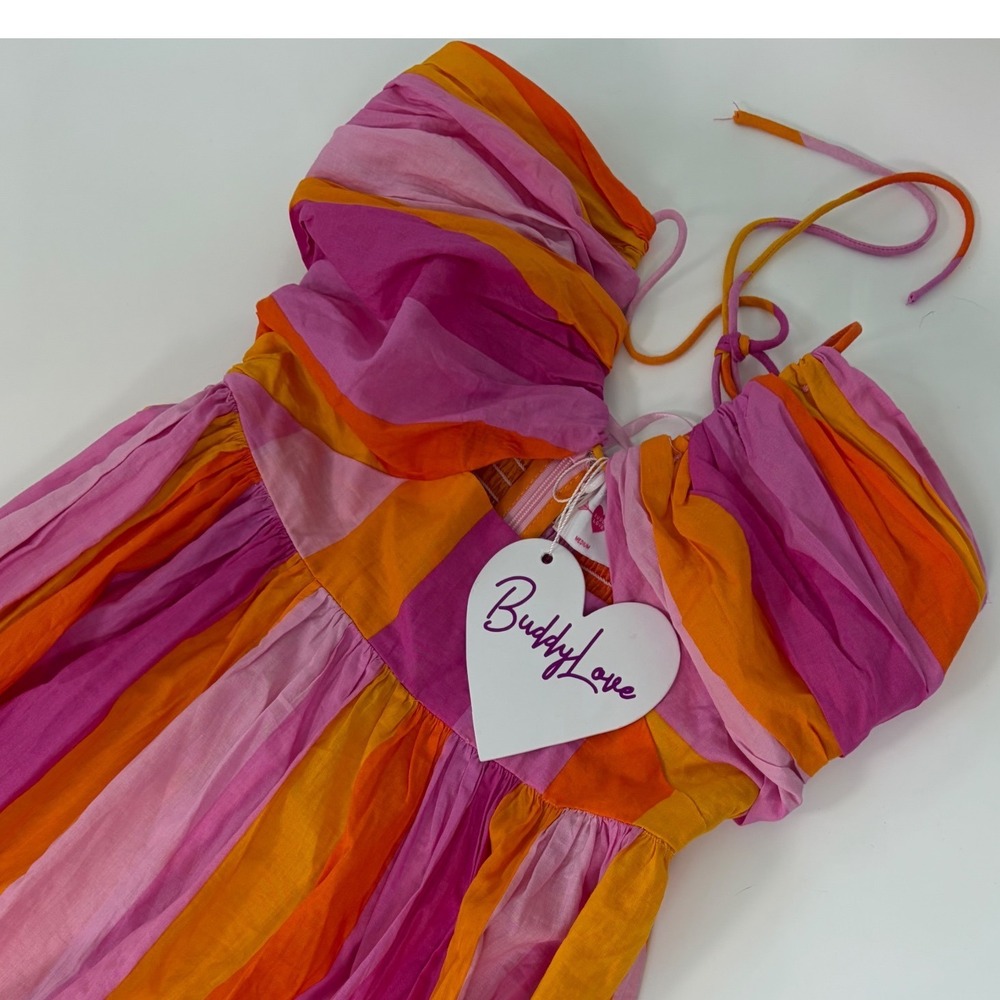 BuddyLove Gerty Maxi Dress NWT M Pink Orange Stripe Halter Smocked Cotton Resort - Picture 4 of 10